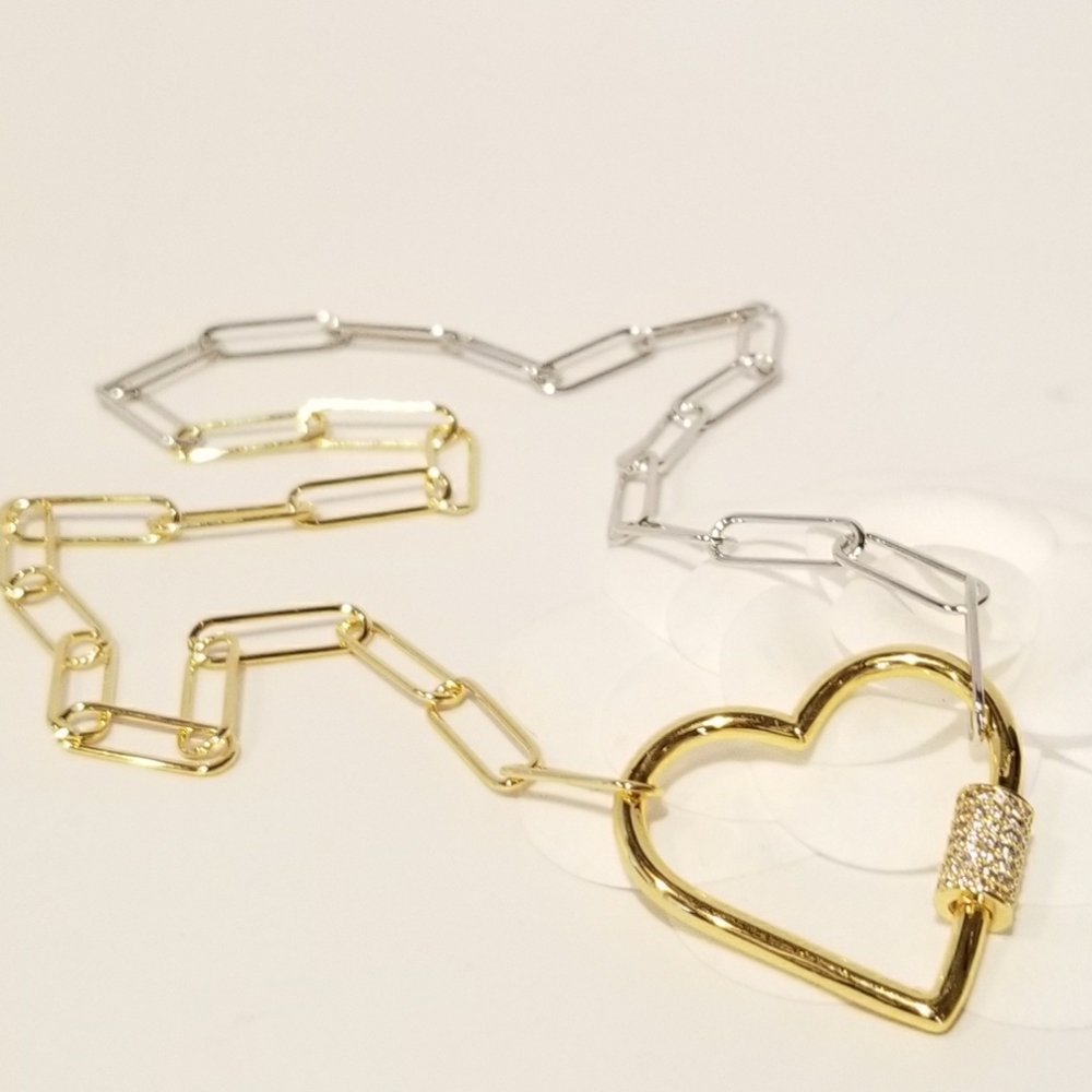 2 Tone Paperclip Pave CZ Heart Carabiner Necklace - Picture 2 of 7